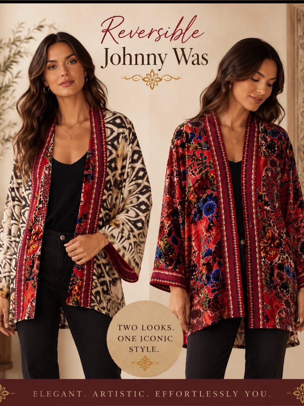 Johnny Was Merhawi Kimono, bobcat forrest reversible , size lg, silk lining💙❤️